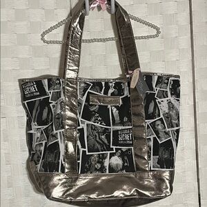 Victoria's Secret Black Metallic Gray Super Model Photo Collage Tote Beach